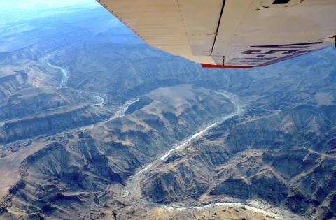 An aerial view of the winding Fish River Canyon.